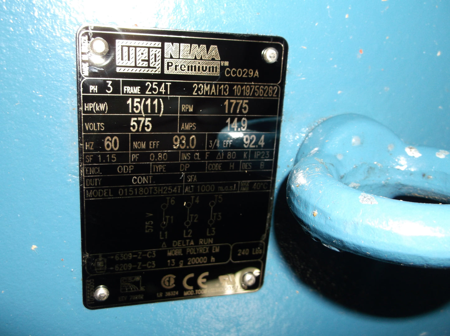 15HP General Purpose Nema Premium Efficient Motor, 575/60/3 RPM:1775/1-Speed