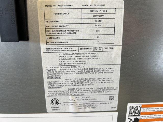 3 Ton Wall Mounted ECM Air Handler With 10Kw Heat 208-240/60/1 R-410A CFM 1315