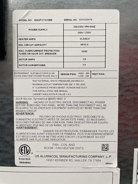 3 Ton Wall Mounted ECM Air Handler With 10Kw Heat 208-240/60/1 R-410A CFM 1315
