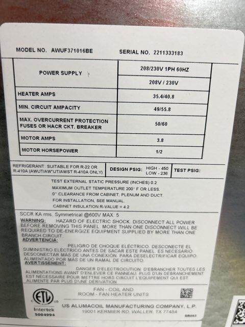 3 Ton Wall Mounted ECM Air Handler With 10Kw Heat 208-240/60/1 R-410A CFM 1315