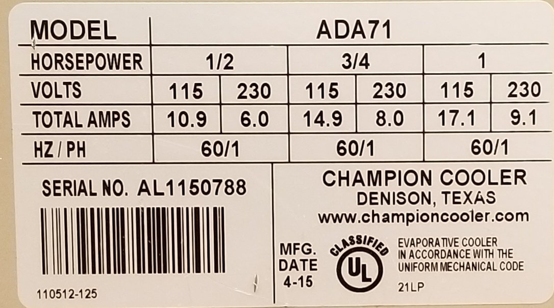 Belt-Drive Ducted Evaporative Cooler, (Less Motor) CFM 5400 - 7000