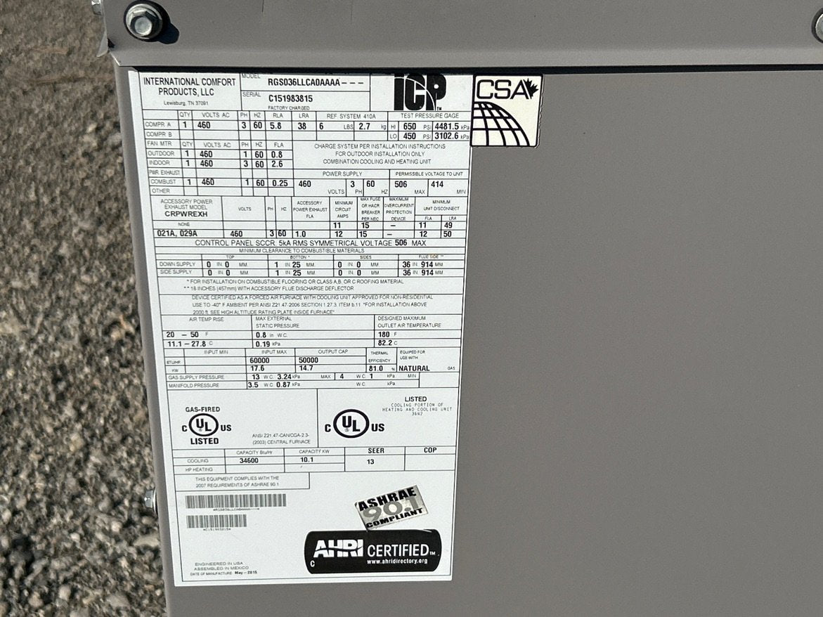 3 Ton Convertible Gas/Electric Packaged Unit, 13 SEER 81% 460/60/3 R-410A