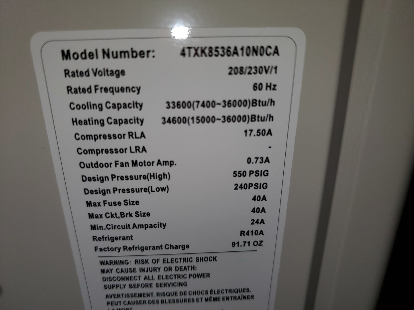 36,000 BTU Single-Zone Heat Pump DC Inverter Outdoor Mini-Split Unit; 18 SEER, 208-230/60/1, R-410A