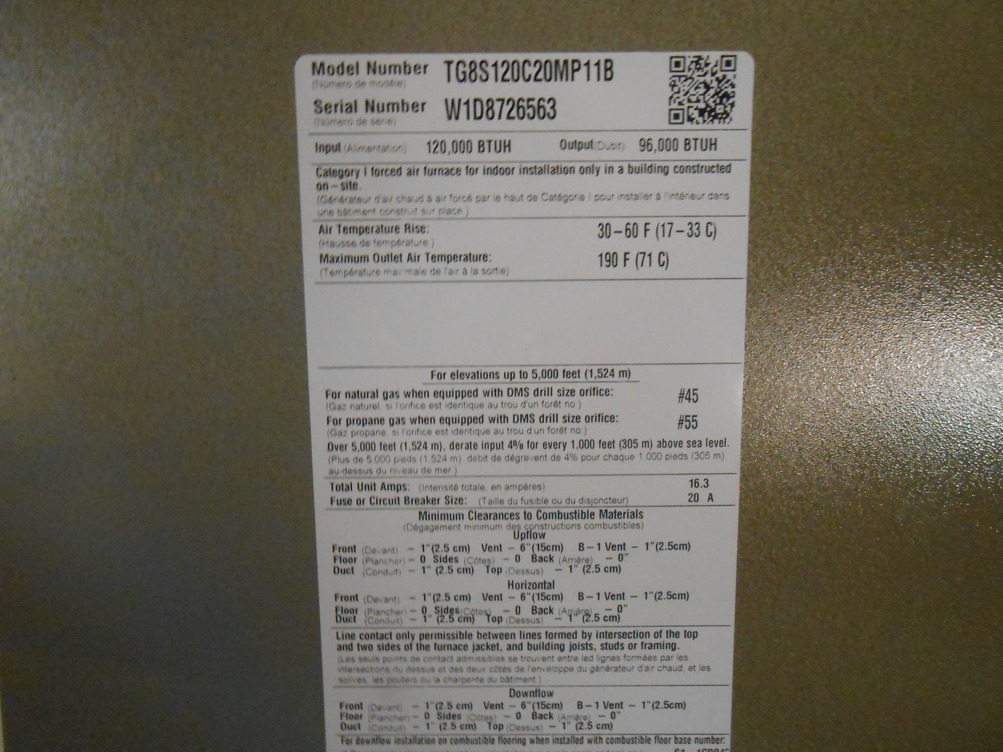 120,000 BTU Multi-Position PSC Natural Gas Furnace, 80% 115/60/1 2000:Cfm