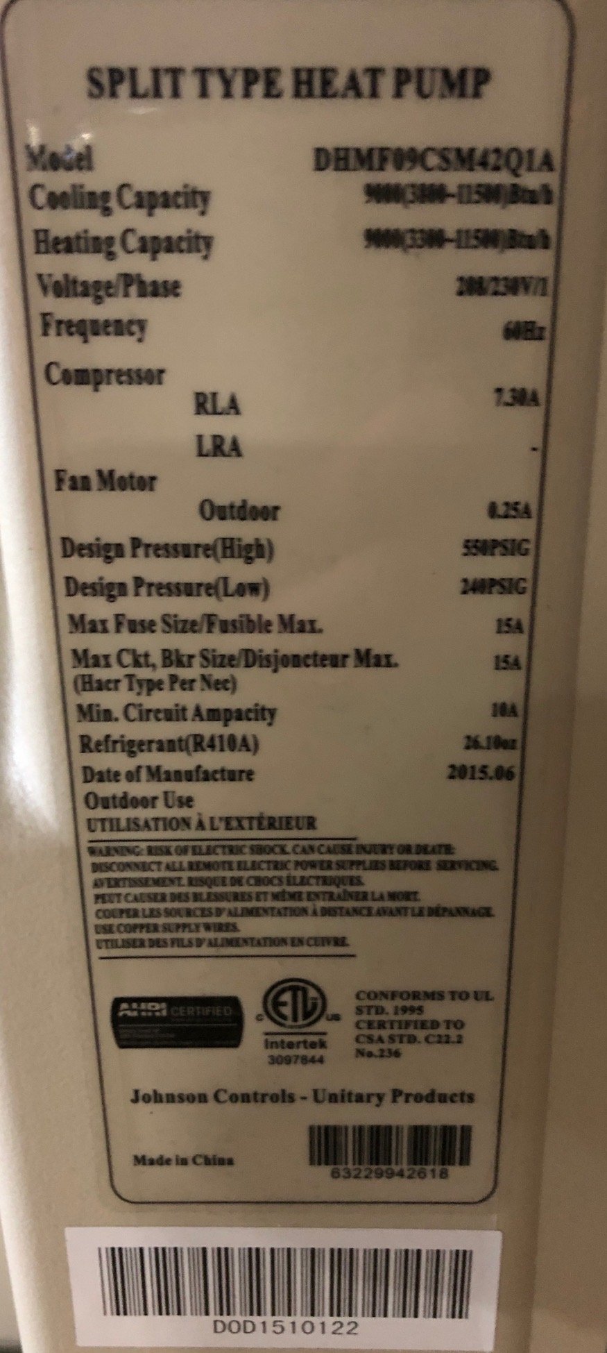 9,000 BTU Single-Zone Mod Inverter Type OD Mini-Split Heat Pump , 16 SEER 208-230/60/1 R-410A