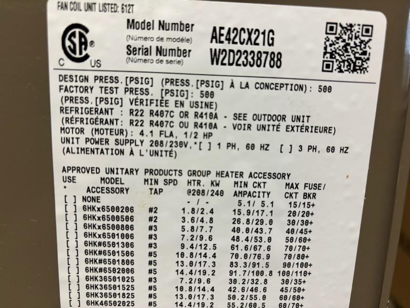 3.5 Ton AC/HP Multiposition ECM Fan Coil; 208-230/60/1, R-410A, CFM 1400