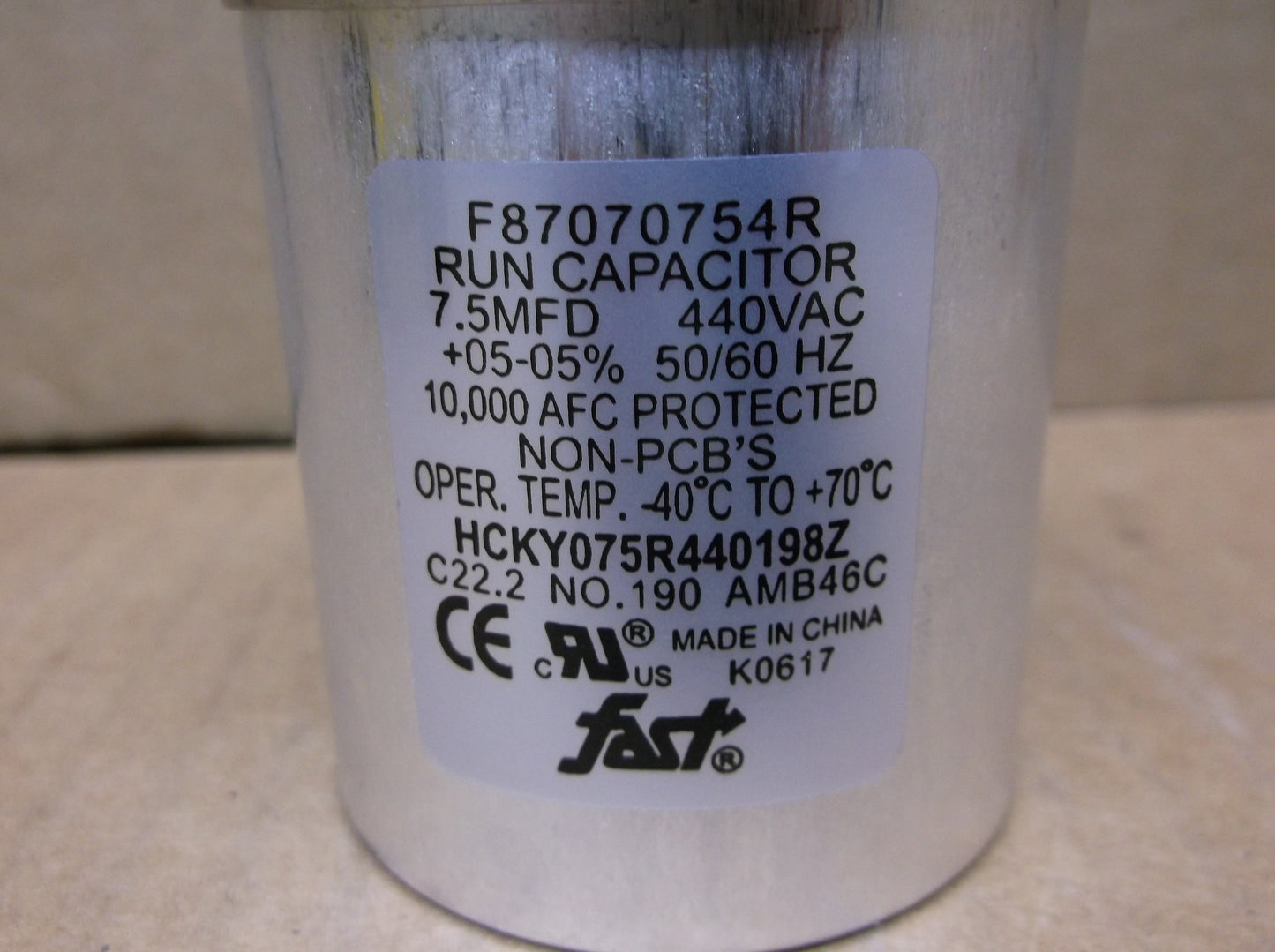7.5 MFD x 440 VAC Round Run Capacitor