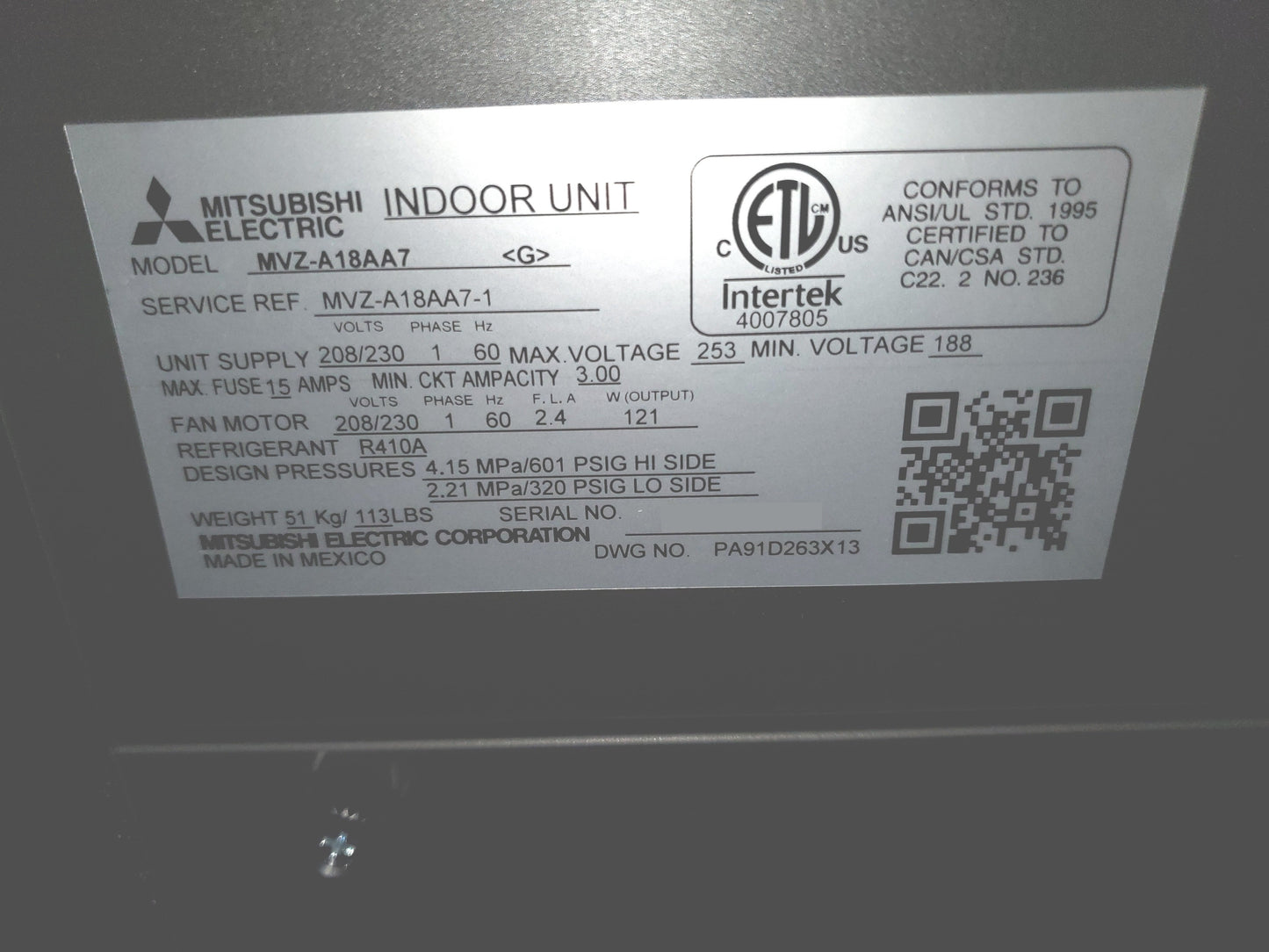 18,000 BTU Ducted Multi-Position Heat Pump Air Handler, 208-230/60/1 R-410A