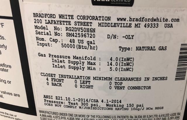Calentador de agua a gas natural residencial de 48 galones con ventilación directa, 120/60/1