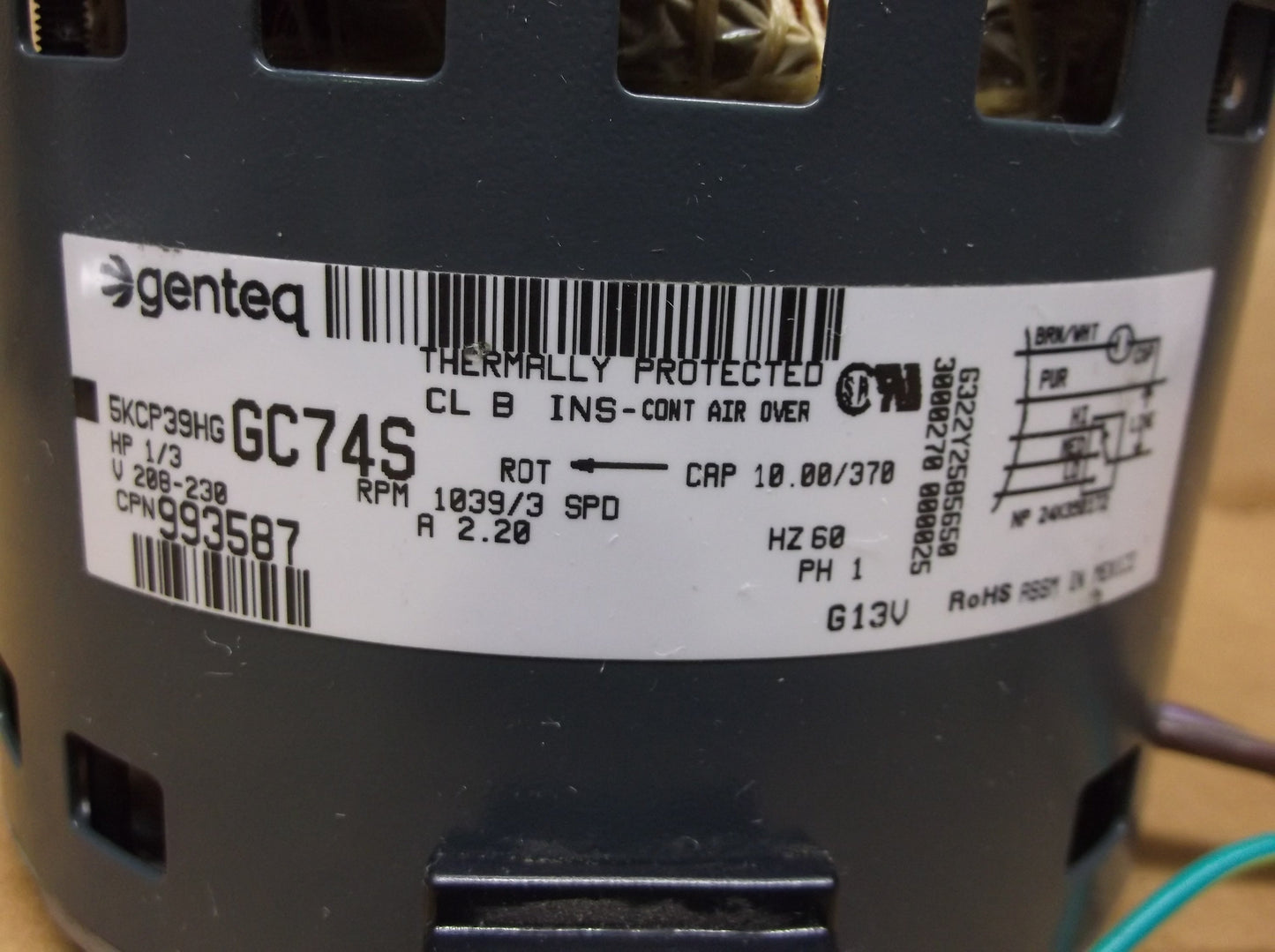 1/3 HP Direct Drive Blower Motor; 208-230/60/1, RPM: 1039/3-Speed