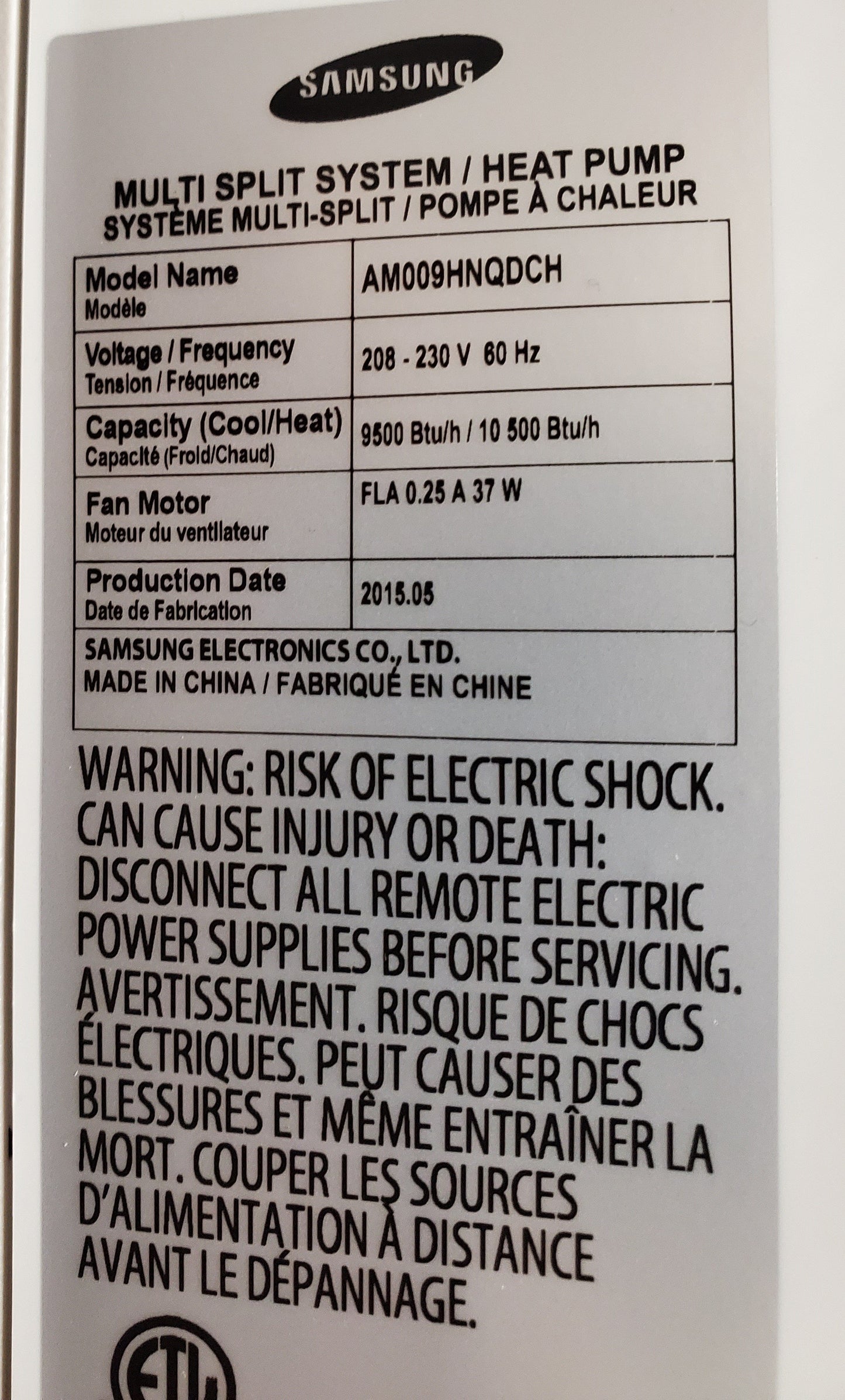 9,000 BTU Single Zone Indoor Mini-Split Heat Pump, 208/230-60-1, R410A