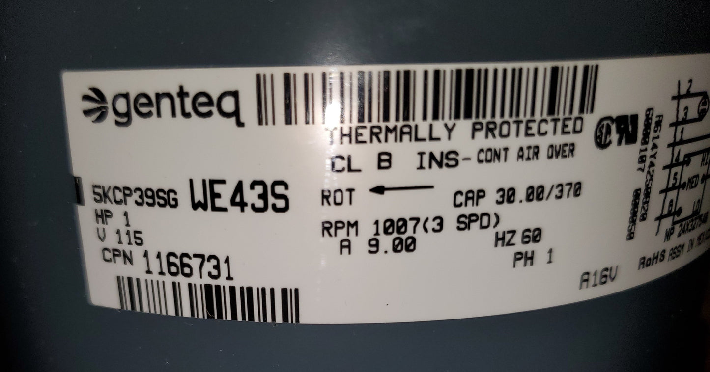 1 HP Blower Motor, 115/60/1 RPM 1007/3-Speed