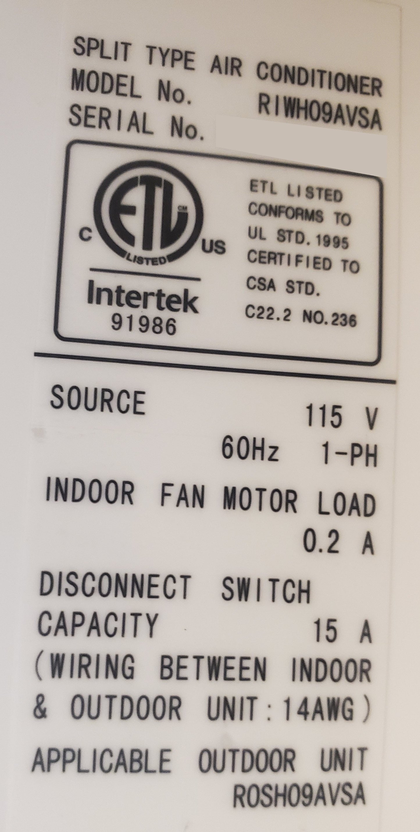 9,000 BTU Wall Mounted Inverter Indoor Mini-Split Heat Pump, 16 SEER 115/60/1 R-410A CFM:436