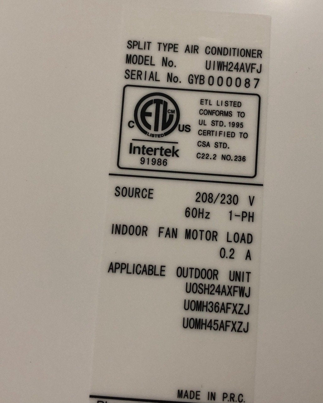 24,000 BTU Wall Mtd Inverter ID Mini-Split Heat Pump , 195 SEER 208-230/60/1 R-410A CFM:659