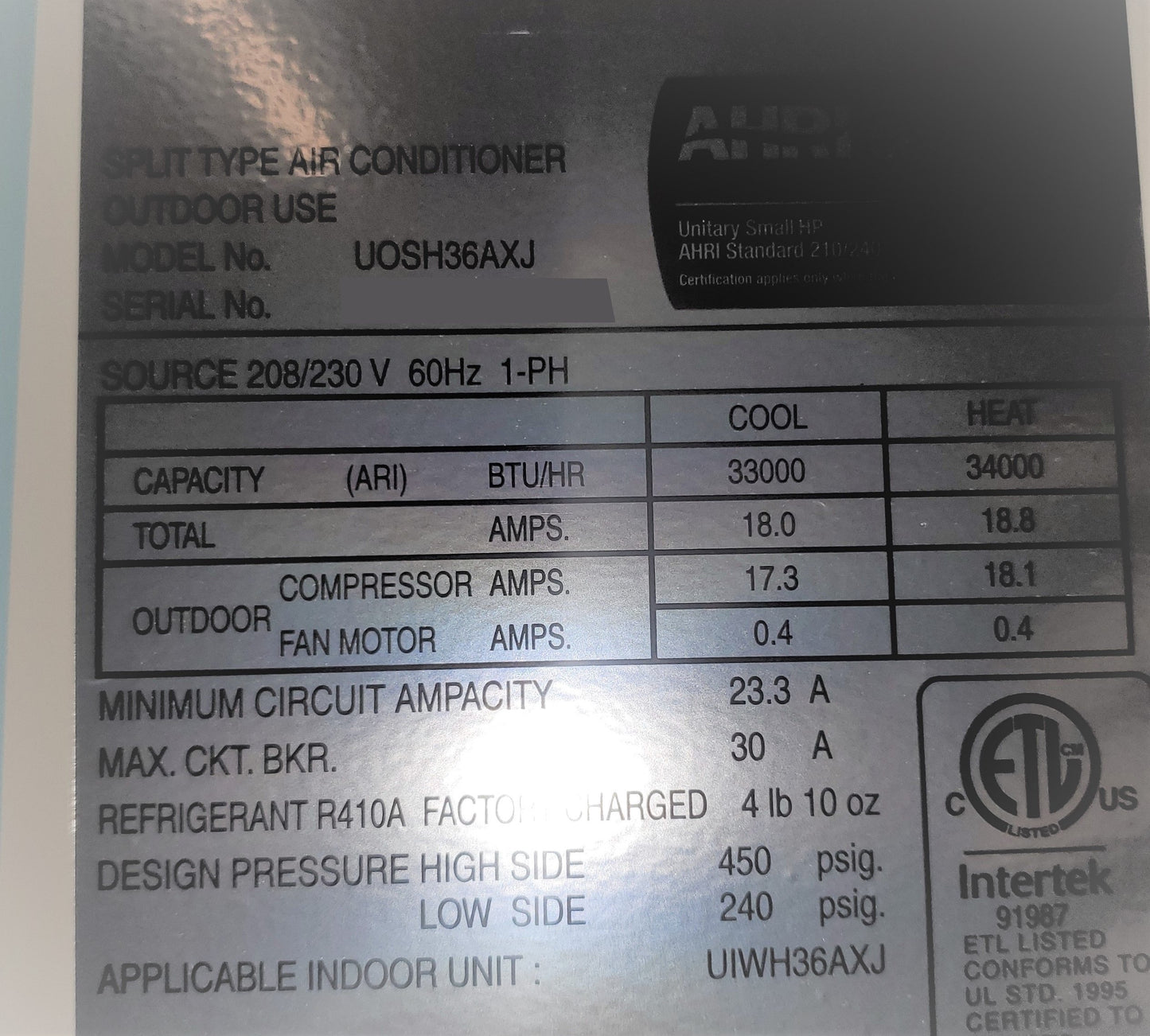 Unidad de bomba de calor minisplit para exteriores con inversor de zona única de 36 000 Btu, 208-230/60/1 R-410A, 15,5 Seer