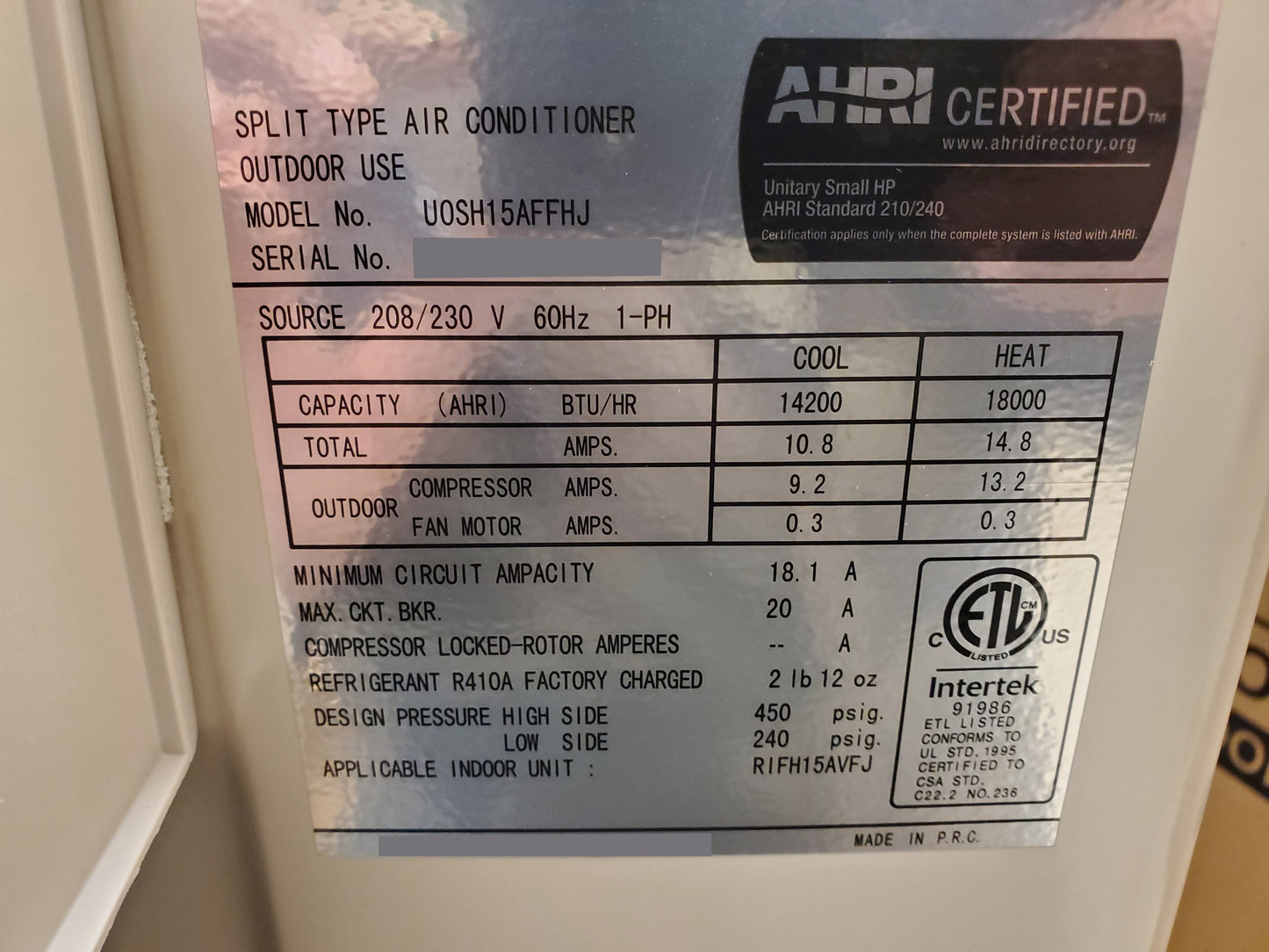 15,000 BTU Single-Zone Inverter Outdoor Mini-Split Heat Pump Unit, 208-230/60/1 R-410A 20.3 SEER