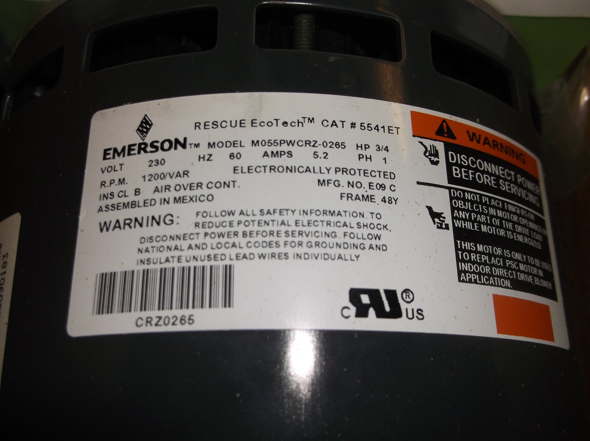 3/4 HP ECM RESCUE ECOTECH ELECTRIC MOTOR 3/4HP 230/60/1 RPM 1200/5 SPEED VARIABLE