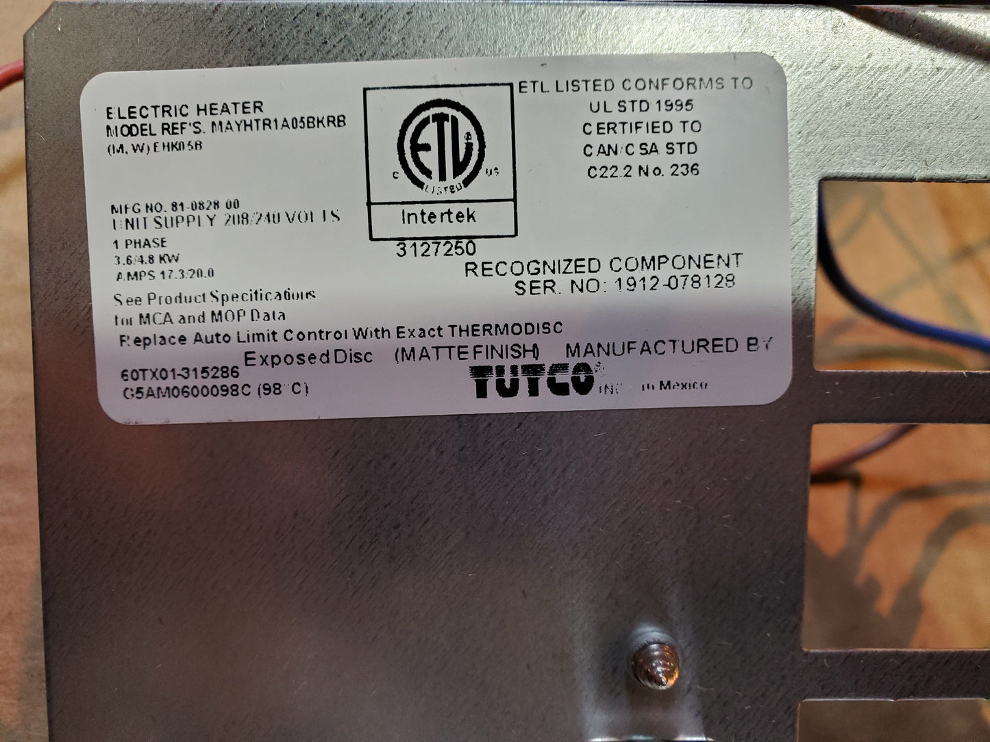 5 Kw Electric Heat Kit 208-240/50-60/1, W/35Amp Breaker