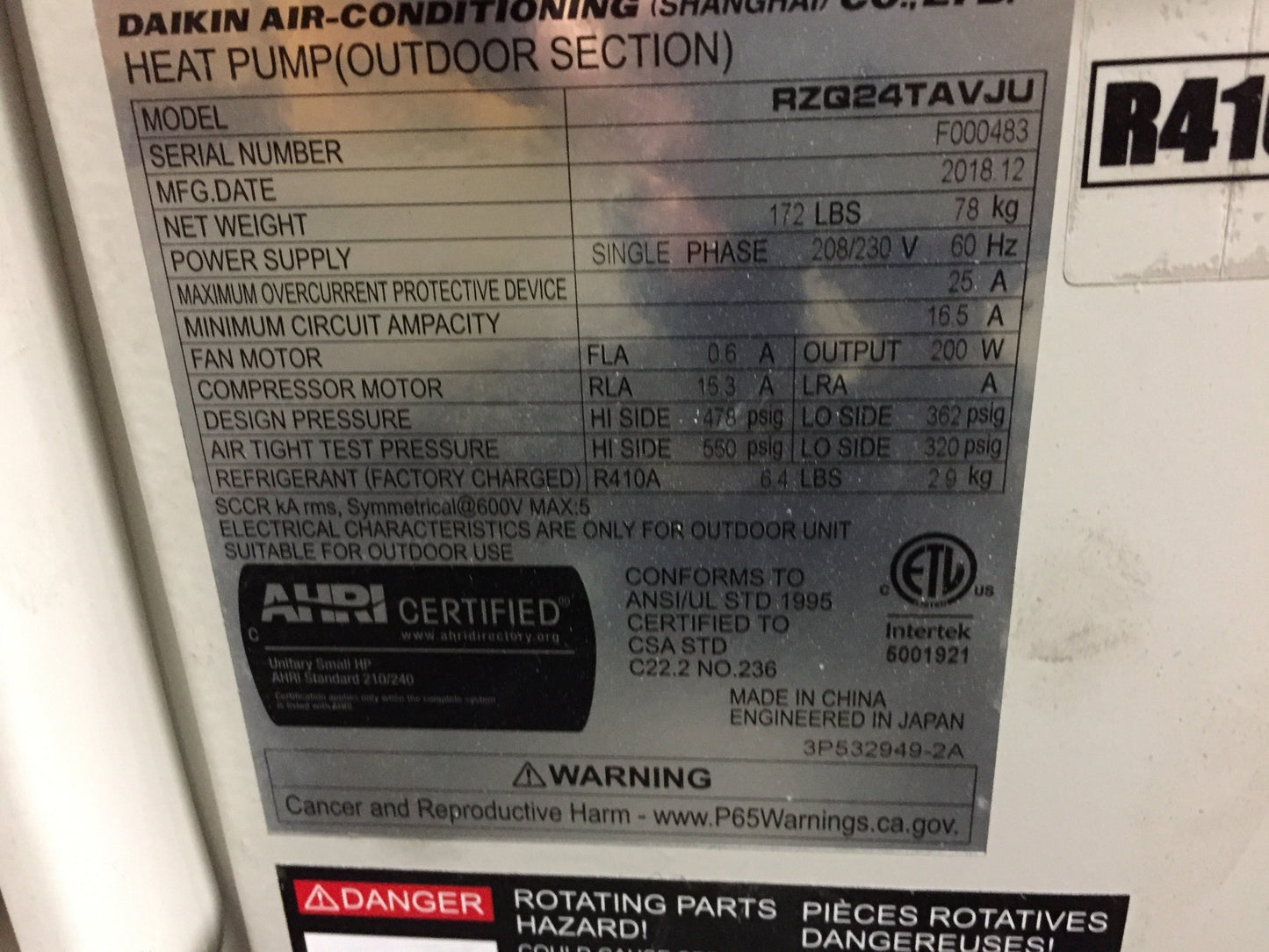 24,000Btu Inverter Outdoor Mini Split Heat Pump 208-230/60/1 R410A