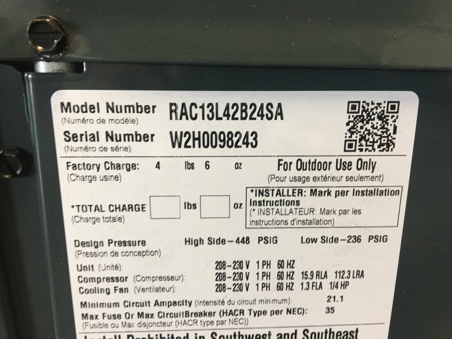 Aire acondicionado de sistema dividido serie "LX" de 3,5 toneladas, 13 SEER, 208-230/60/1 R-410A