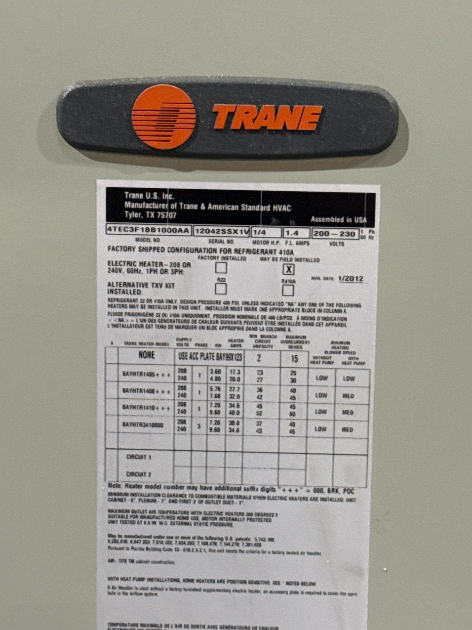 1.5 Ton Multiposition Fan Coil, Variable Speed, 208-230/60/1, 13-SEER
