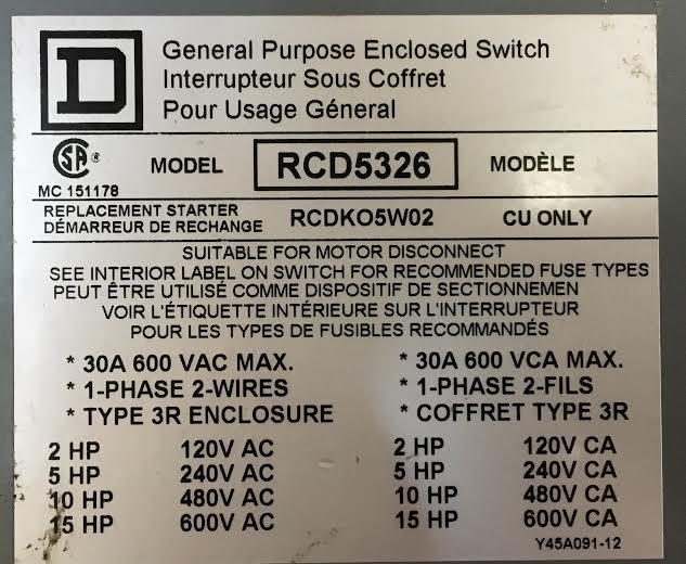 2 POLE 30 AMP GENERAL PURPOSE NON-FUSIBLE ENCLOSED DISCONNECT 600/60-50/1 