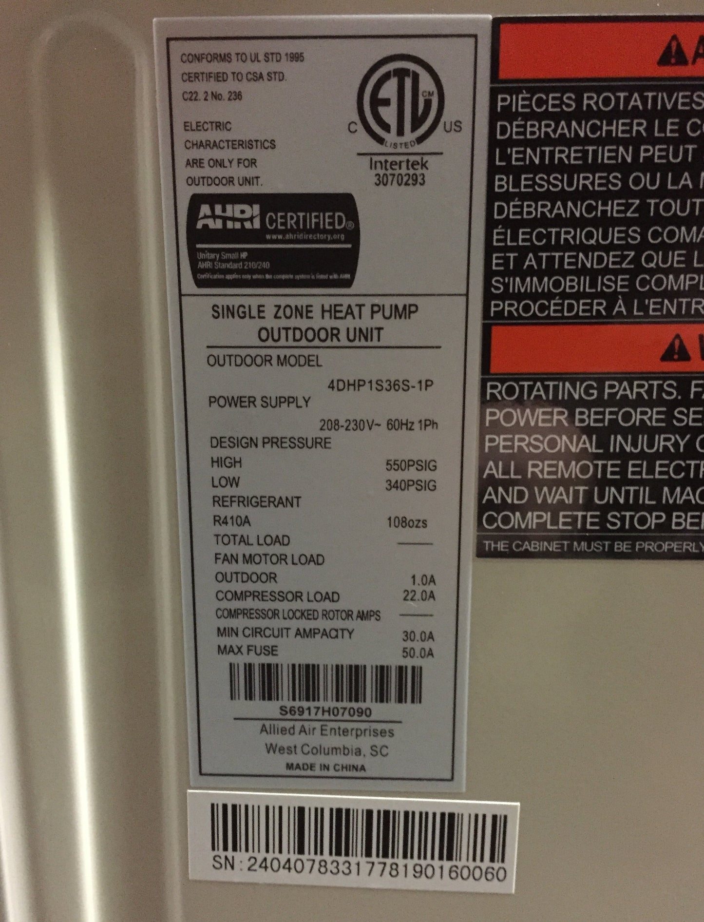 Unidad de bomba de calor minisplit para exteriores, sin conductos, de zona única, de 36 000 Btu, 17,5 SEER, 208-230/60/1 R-410A