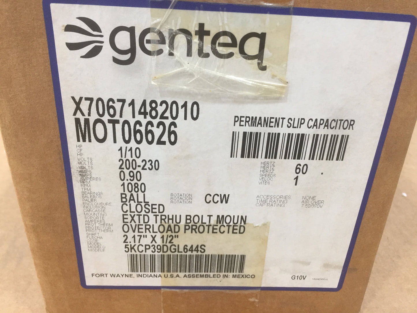 Motor de 1/10 HP, 200-230/60/1, 1080 RPM, 1 velocidad