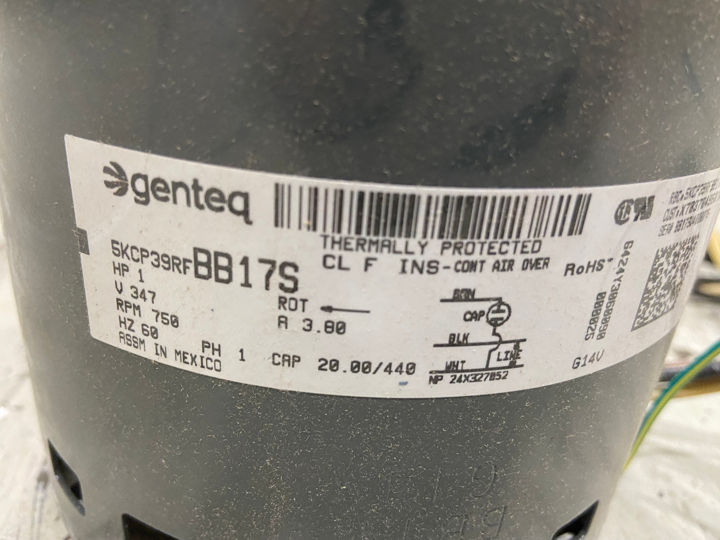 Motor de ventilador de 1 HP, 347/60/1 750 RPM, 1 velocidad