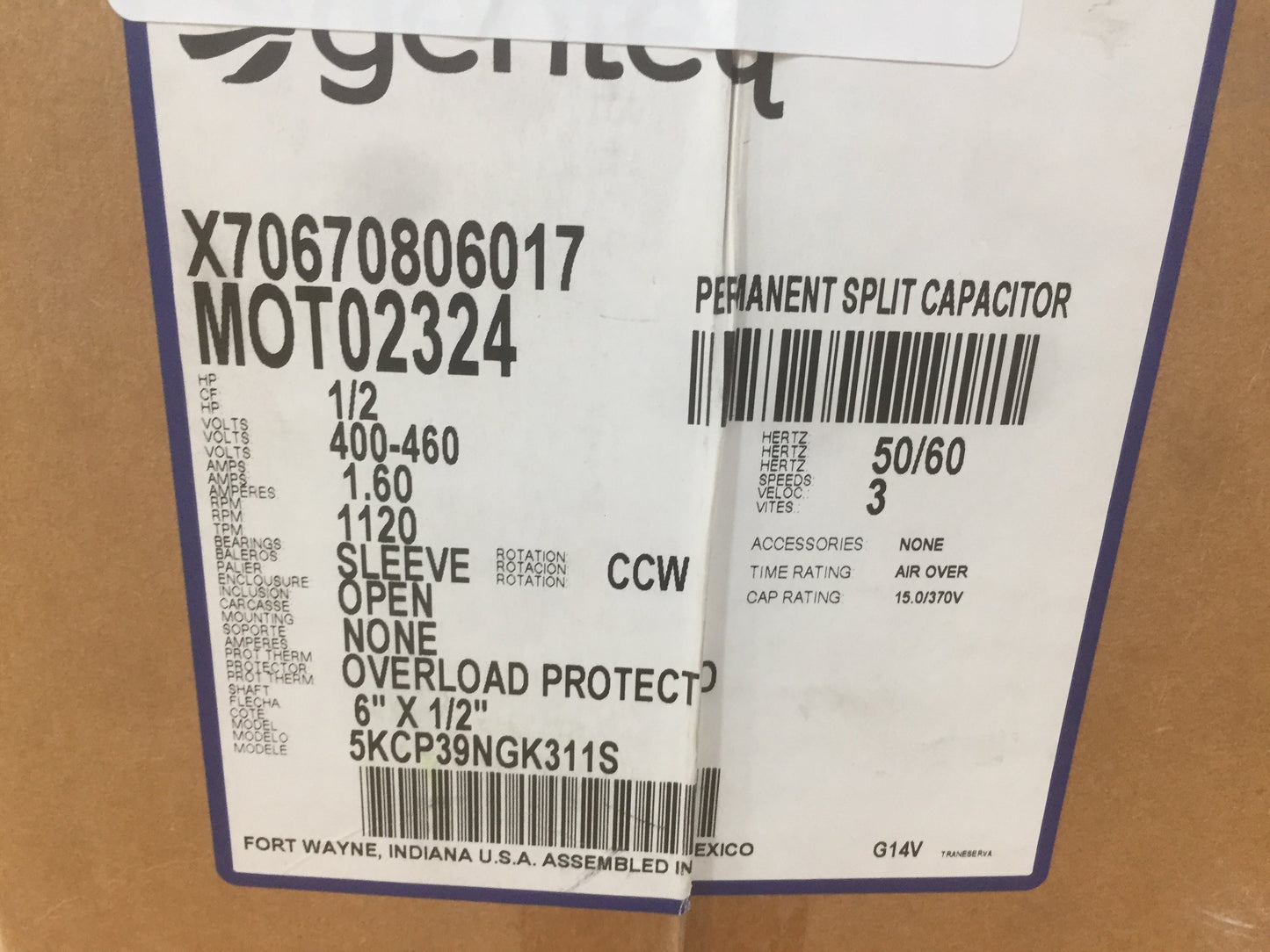 Motor eléctrico de 1/2 HP 400-460/50-60/1 1120 RPM 3 velocidades