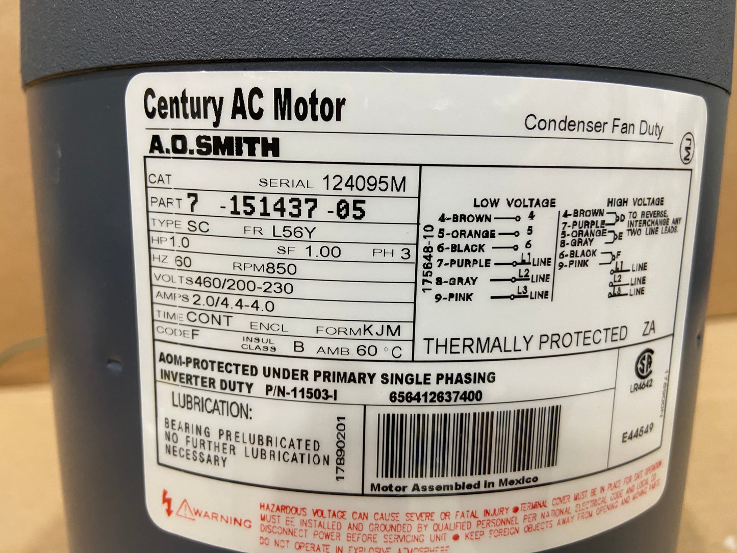 Motor de ventilador de condensador de 1 HP, 200-230/460/60/3 850 RPM, 1 velocidad