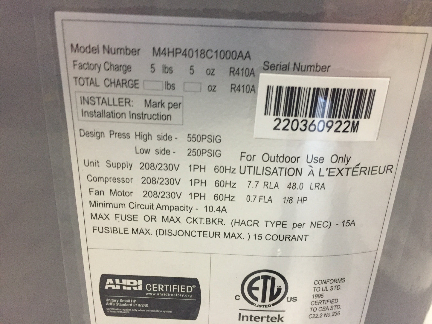 1.5 Ton Split-System Heat Pump 208-230/60/1 R-410A 14 Seer