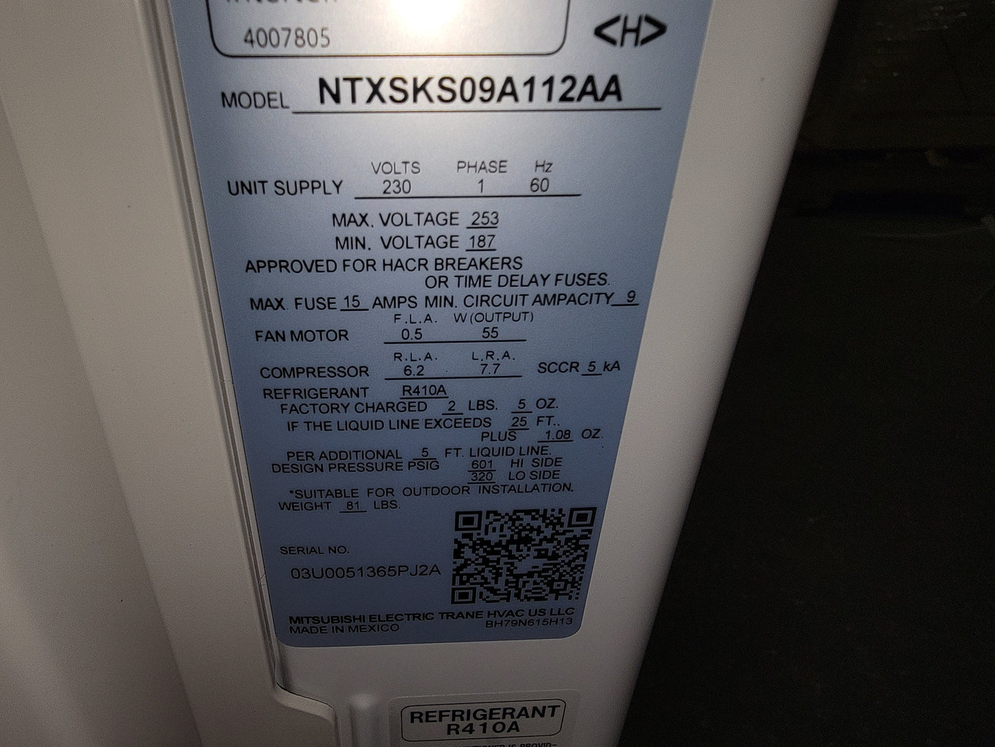 9,000 BTU Single-Zone Inverter-Driven Outdoor Heat Pump Mini Split Unit, 18 SEER 230/60/1 R-410A