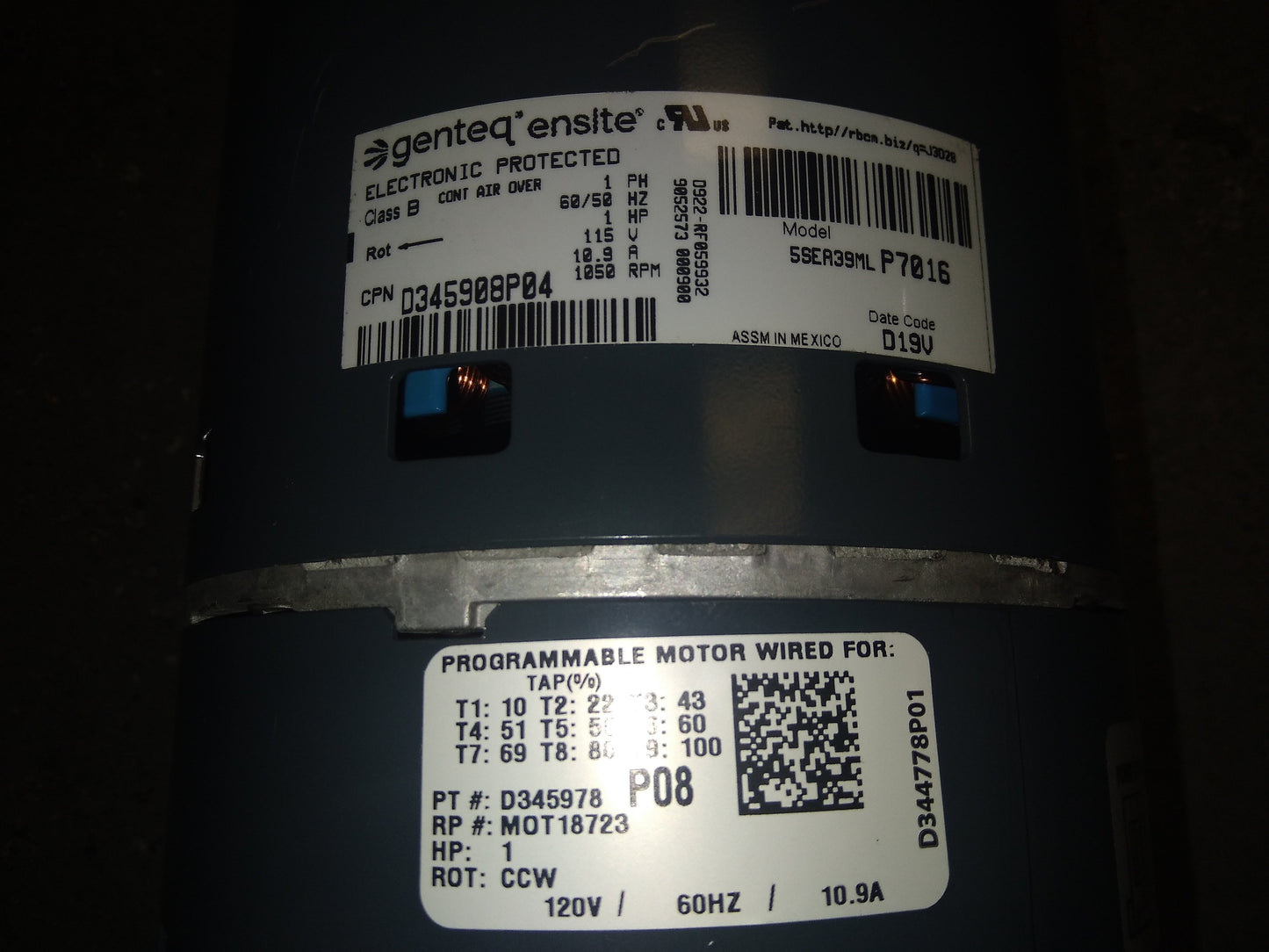 1 HP Programmed ECM Motor 115/50-60/1 RPM 1050 1 Speed