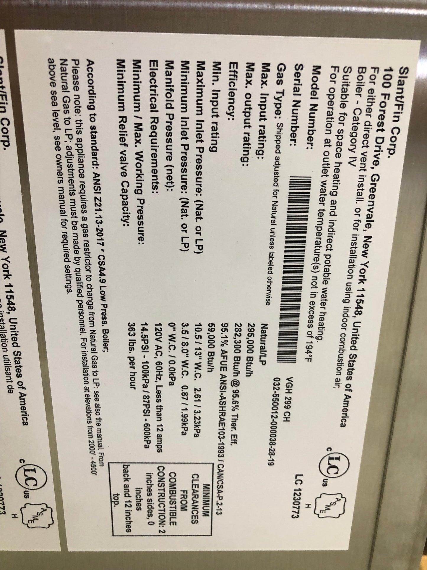 295,000 BTU Wall Mount Modulating Gas Hot Water Boiler 95%, 120/60/1