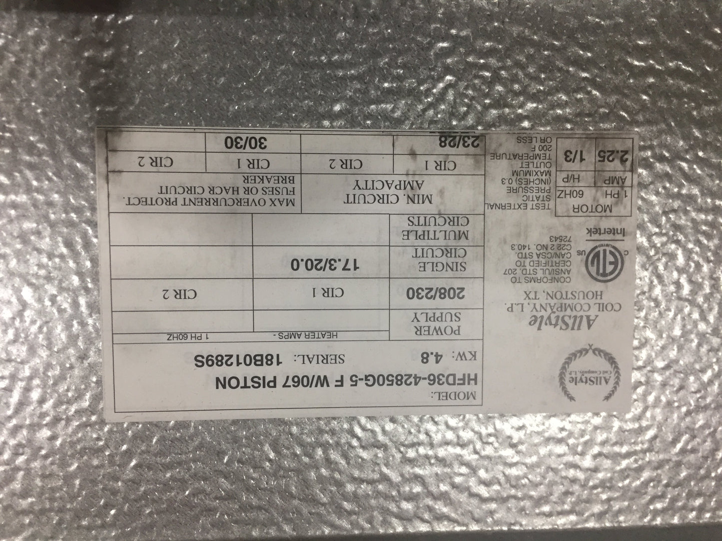 3.5 Ton AC/HP Horizontal Ceiling Mounted Fancoil With 5Kw Heat 208-230/60/1