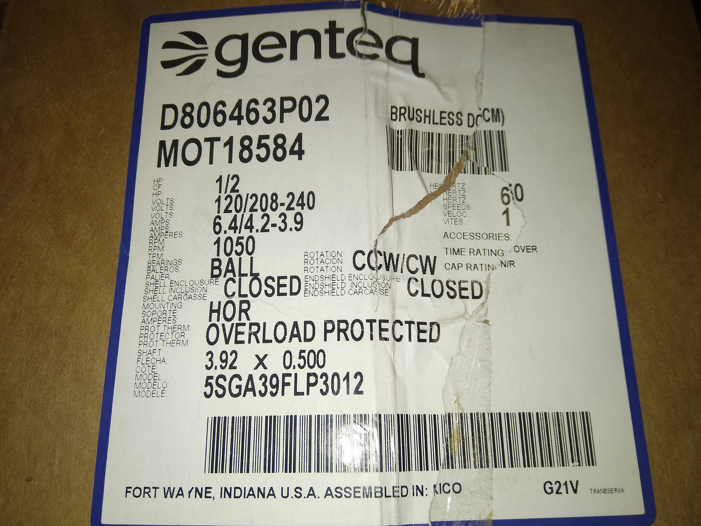 1 HP Unprogrammed ECM Motor 120,208-240/50-60/1 RPM 1050 1 Speed