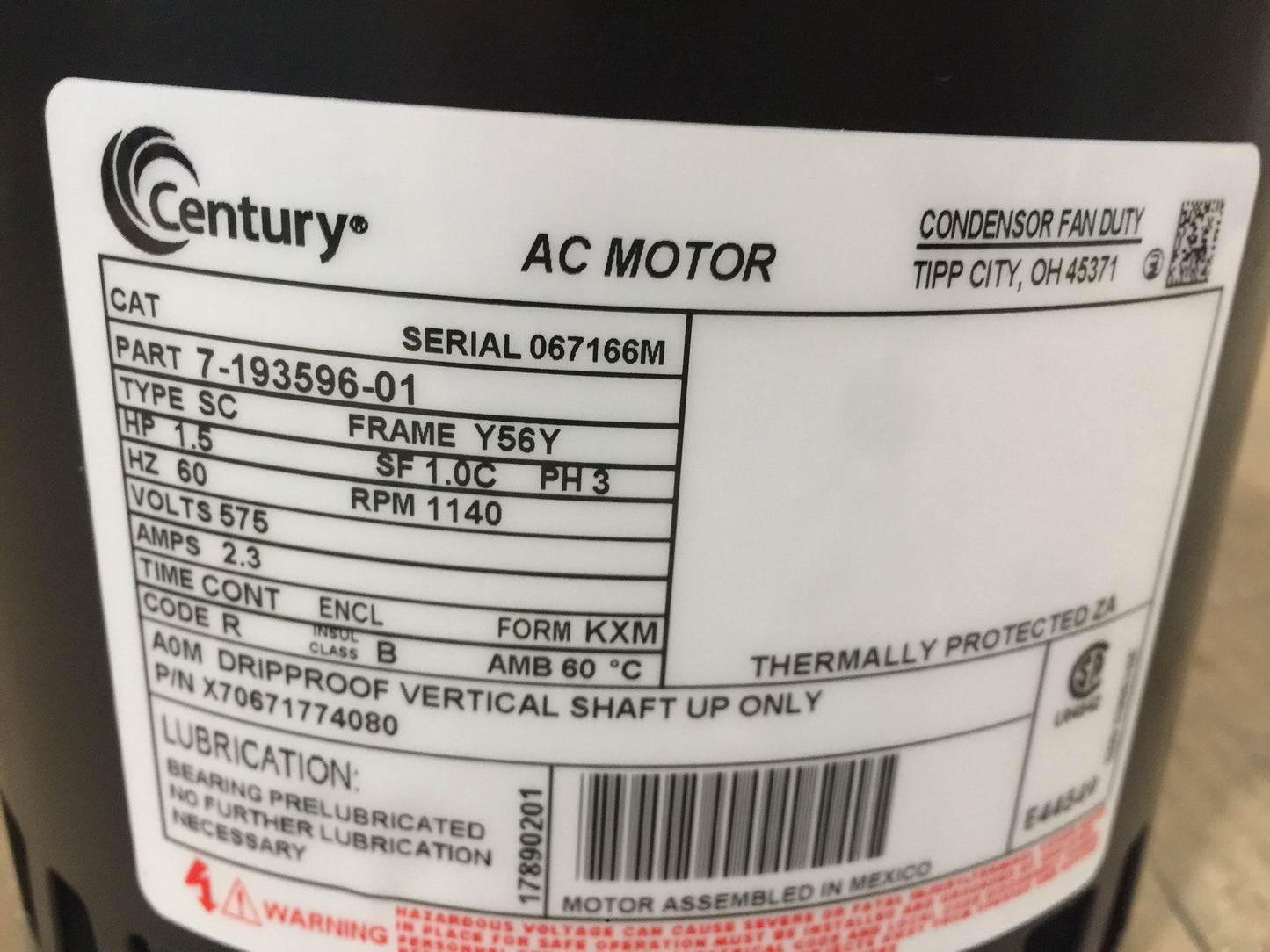 Motor de ventilador de condensador de 1,5 HP; 575/60/3, 1140 RPM