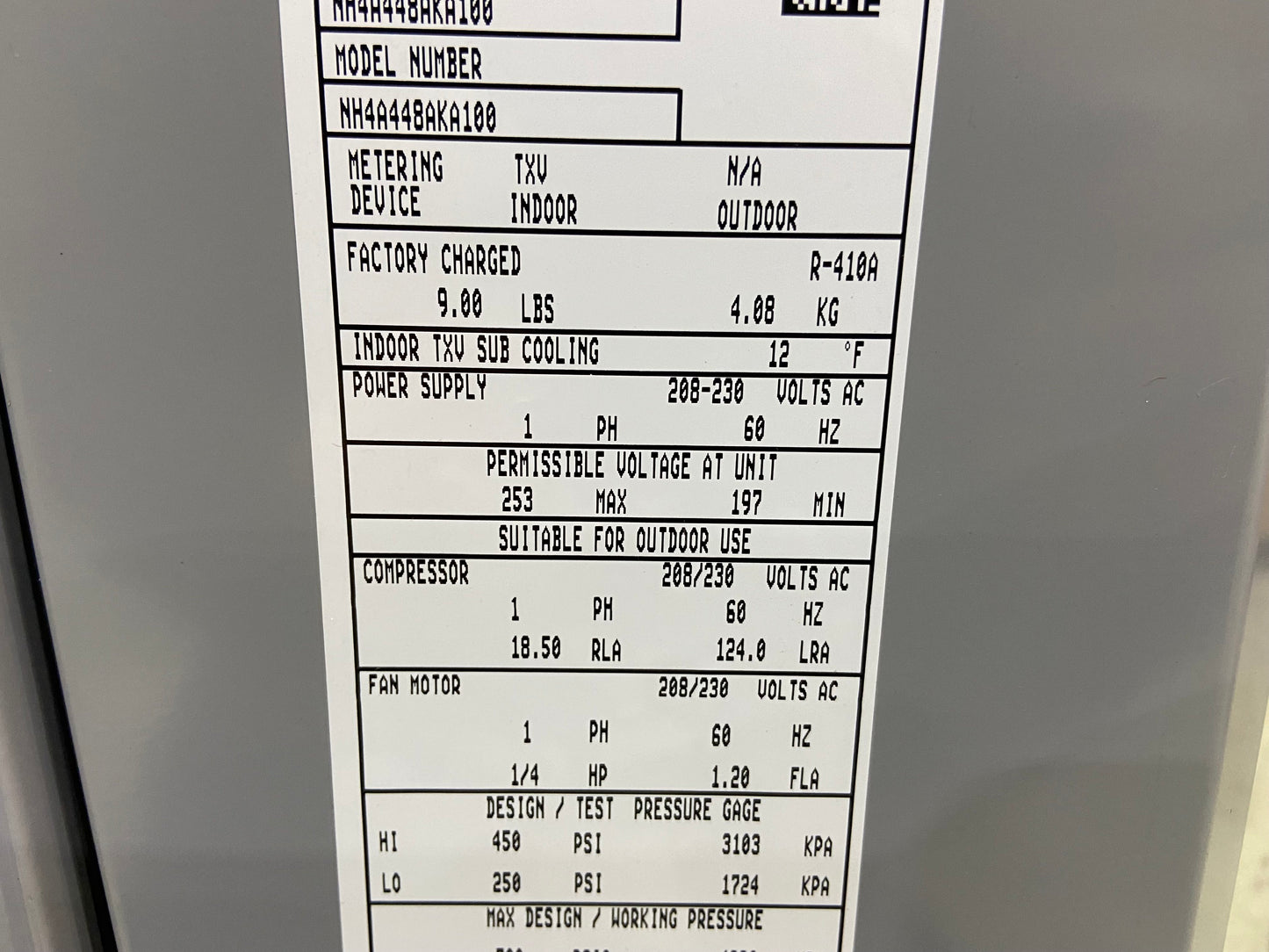 4 Ton Horizontal Air Conditioning Outdoor Unit, 14 Seer, 208/230-60-1, R410A