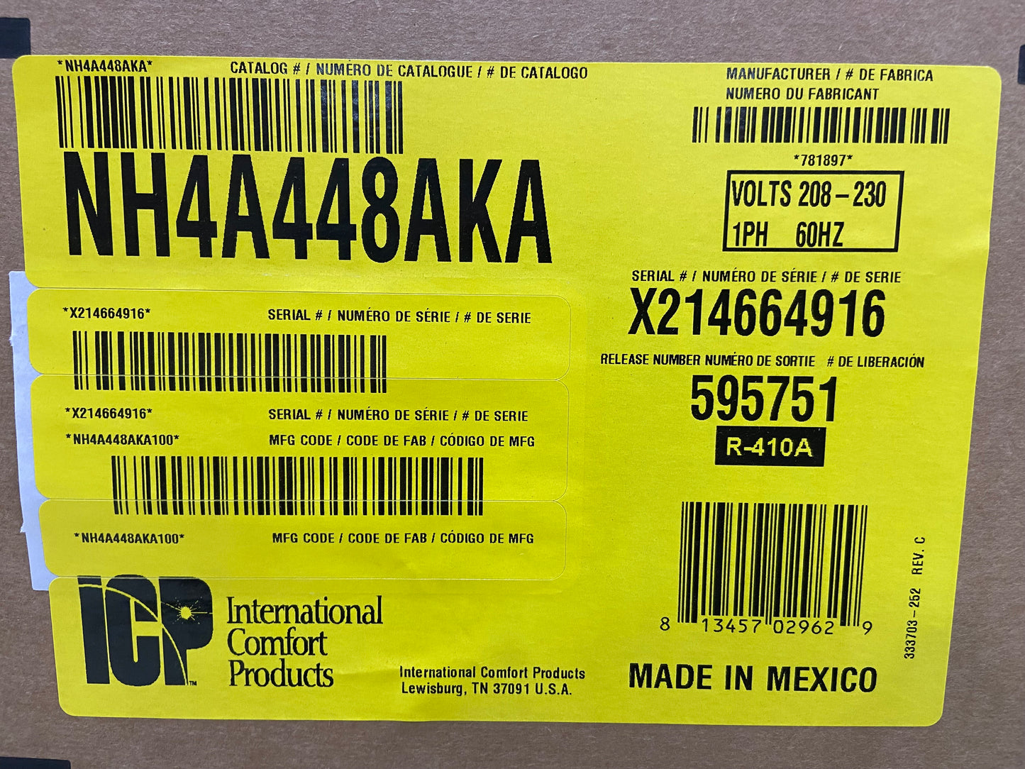 4 Ton Horizontal Air Conditioning Outdoor Unit, 14 Seer, 208/230-60-1, R410A