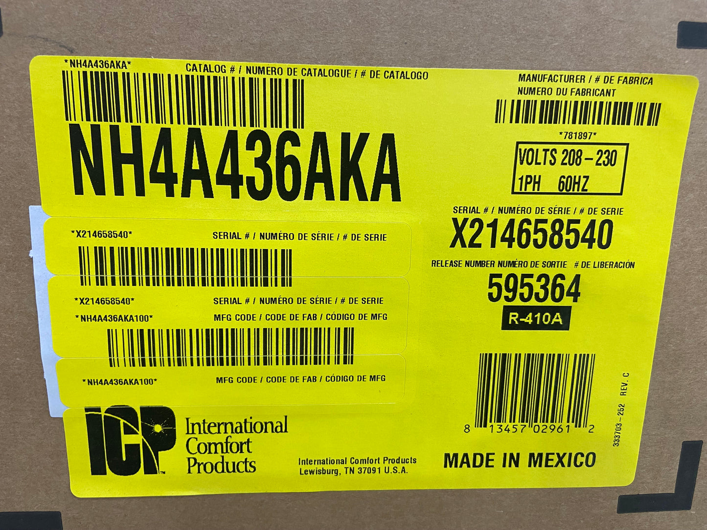 3 Ton Horizontal Air Conditioning Outdoor Unit; 14 SEER, 208/230-60-1, R410A, Damaged