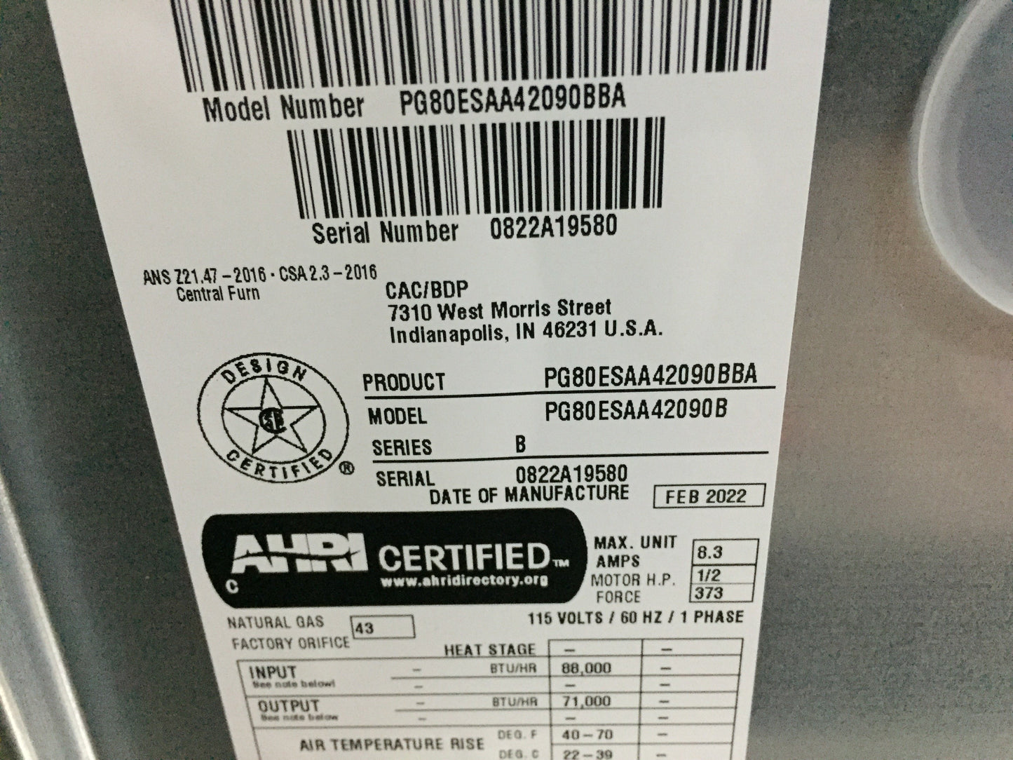 90,000 Btu Multi Position Single Stage Natural Gas Furnace 80% 115/60/1 Cfm:1200