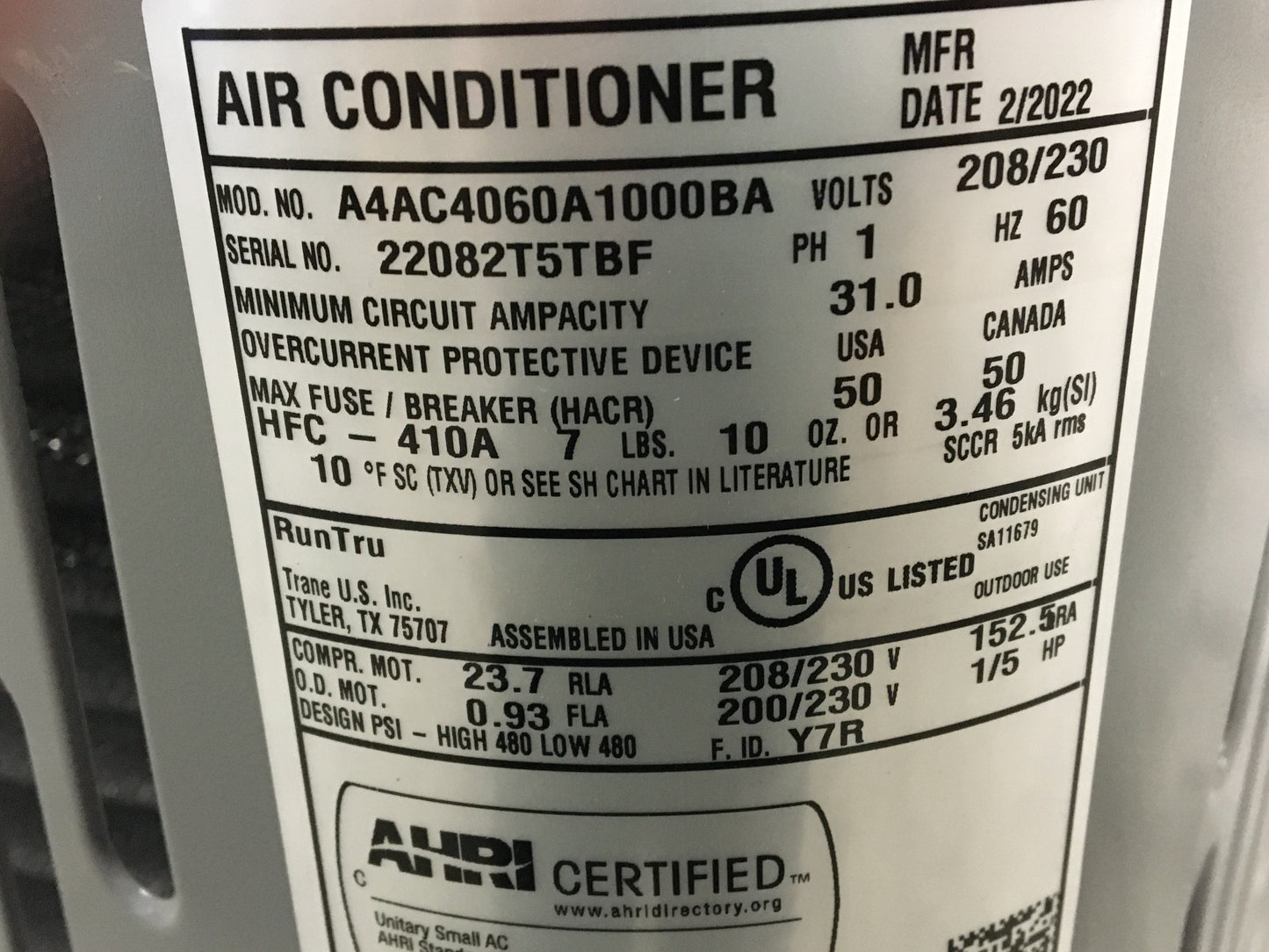 5 Ton Split-System Air Conditioner 208-230/60/1 R-410A 14 SEER