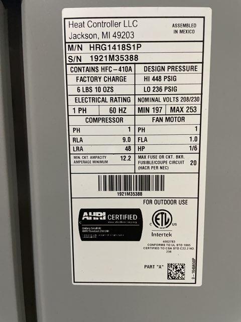 1.5 Ton Split-System Heat Pump 208-230/60/1 R-410A 14 Seer