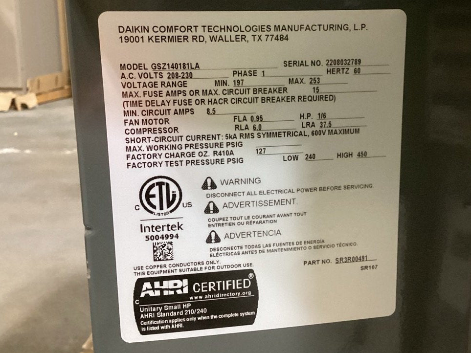 1.5 Ton Split-System Heat Pump, 208-230/60/1 R-410A SEER 14