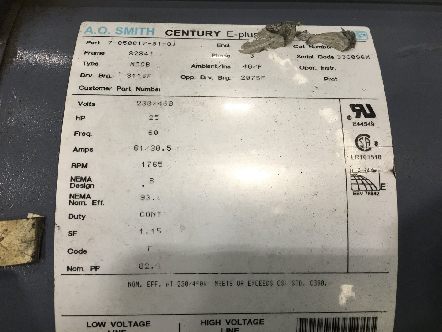 25 HP E-Plus 3 AC Motor 230-460/60/3 1765 RPM 3 Speed