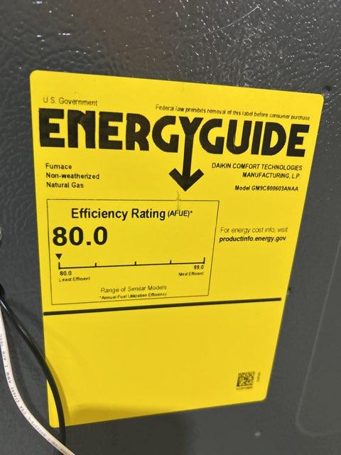 60,000 Btu UPFlow/Horizontal Two Stage Nine Speed ECM Natural Gas Furnace 115/60/1 80% Afue 800 Cfm