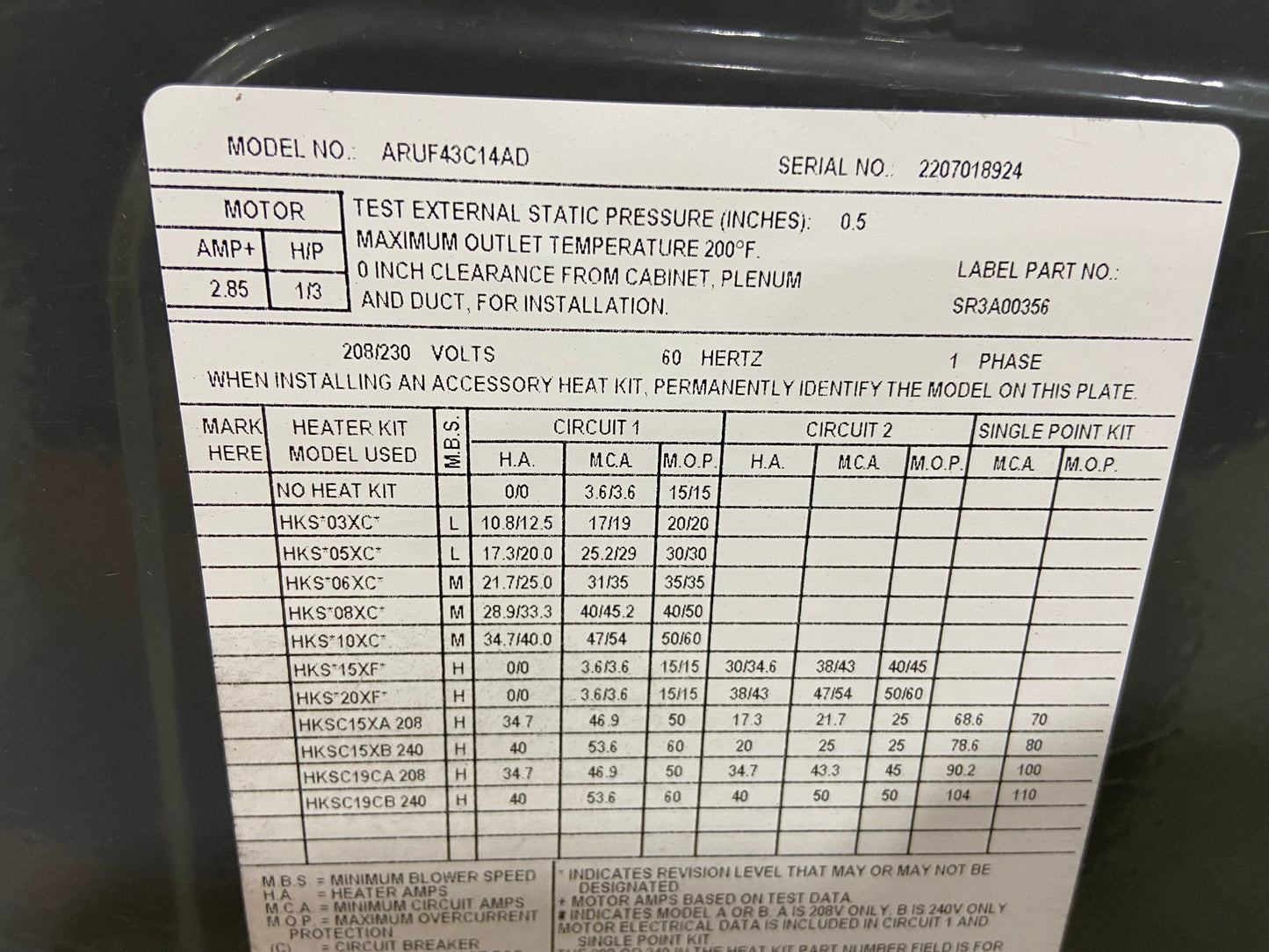 3.5 Ton Multiposition PSC Fan Coil 208-230/60/1 R-410A CFM 1040 14 Seer