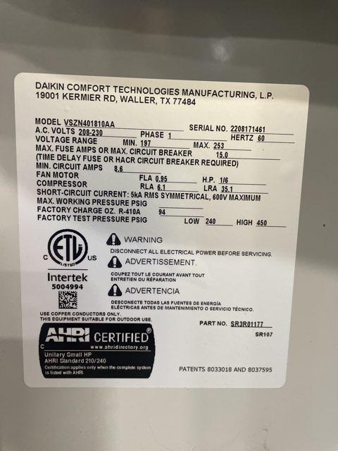 1.5 Ton Split-System Heat Pump 208-230/60/1 R-410A 14.5 SEER