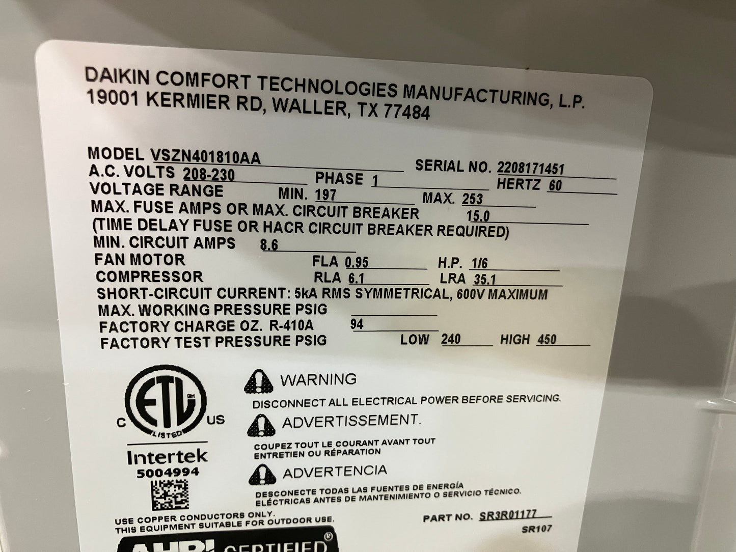1.5 Ton Split-System Heat Pump 208-230/60/1 R-410A 14.5 SEER